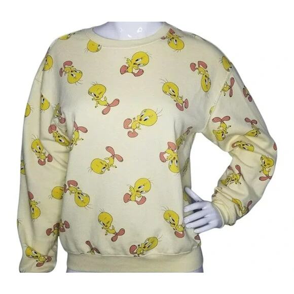 Looney Tunes Sweatshirt Pullover Crew Neck All Over Tweety Bird Yellow Large - Picture 1 of 5